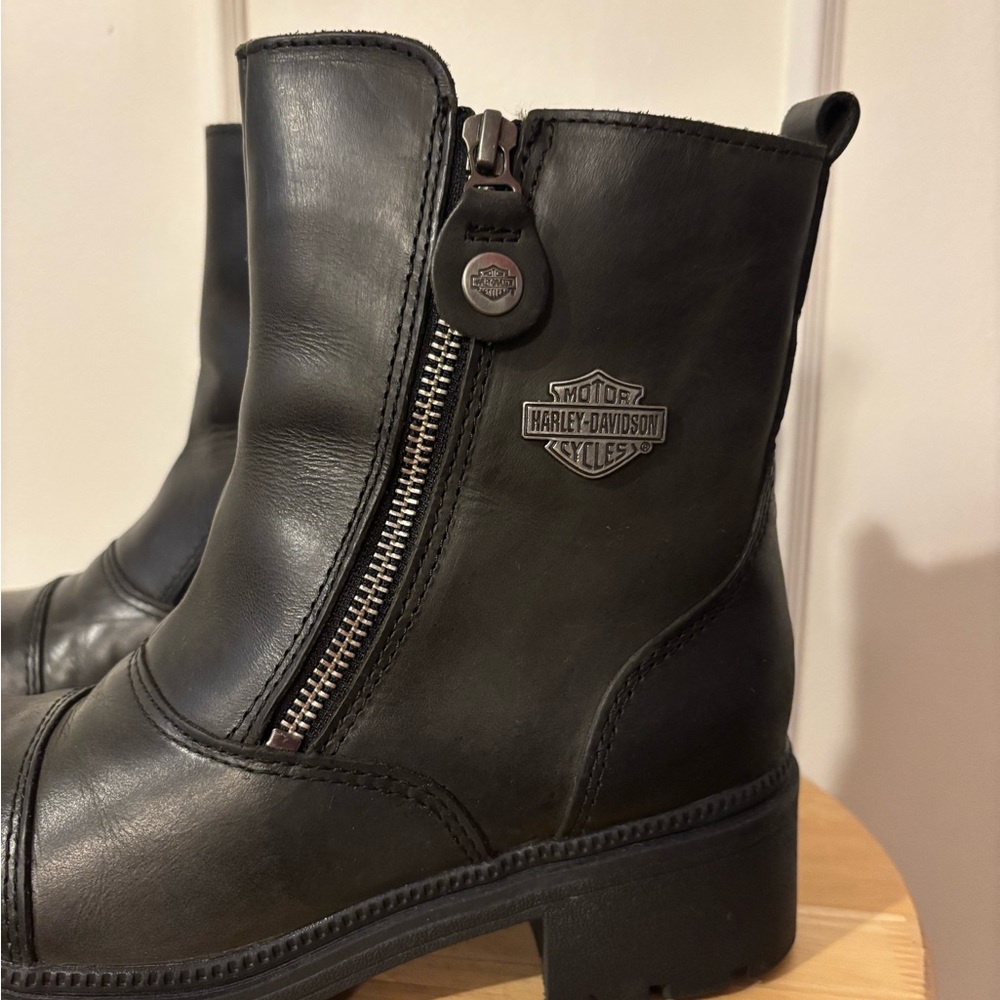 HARLEY-DAVIDSON Black Leather Motorcycle Chunky Sole Zippered Boots US Size 5.5